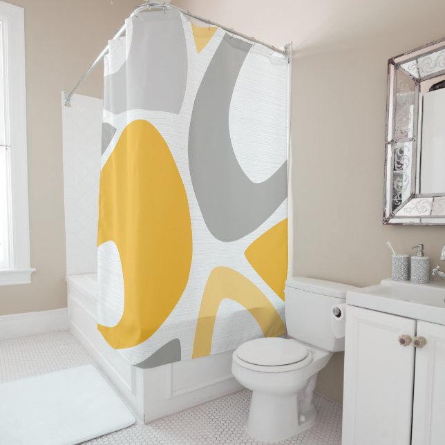 Mid Century Modern Abstract Shapes 2 Yellow, Grey Shower Curtain (In Situ)