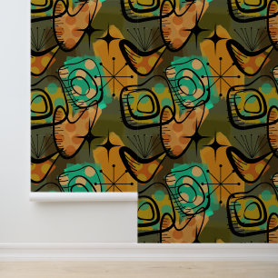 Mid Century Modern Aqua and Gold Vibes Wallpaper
