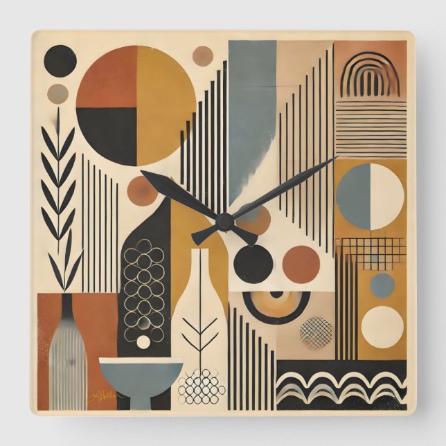 Mid Century Modern Art Autumn Harvest Square Wall Clock (Front)