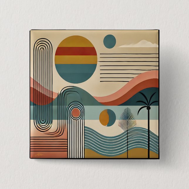 Mid Century Modern Art Beach Sunrise  15 Cm Square Badge (Front)
