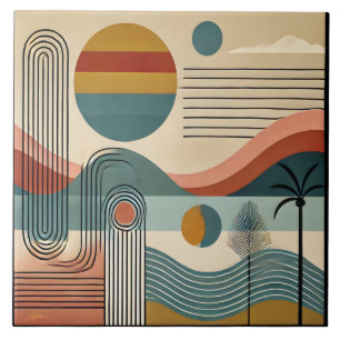 Mid Century Modern Art Beach Sunrise Ceramic Tile
