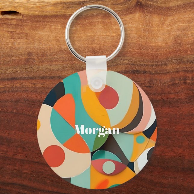 Mid Century Modern Art Monogram or Name, Geometric Key Ring (Front)