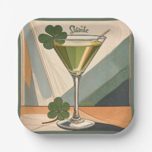 Mid Century Modern Art Shamrock Martini Sláinte! Paper Plate