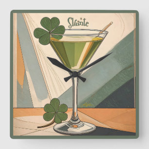 Mid Century Modern Art Shamrock Martini Sláinte!  Square Wall Clock