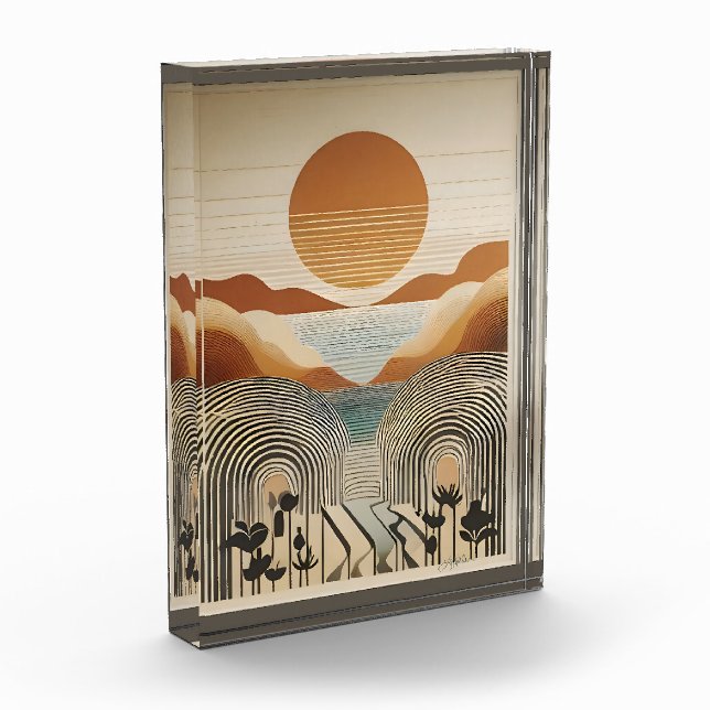 Mid Century Modern Art Spring Valley Lake Sunset Photo Block (Left)