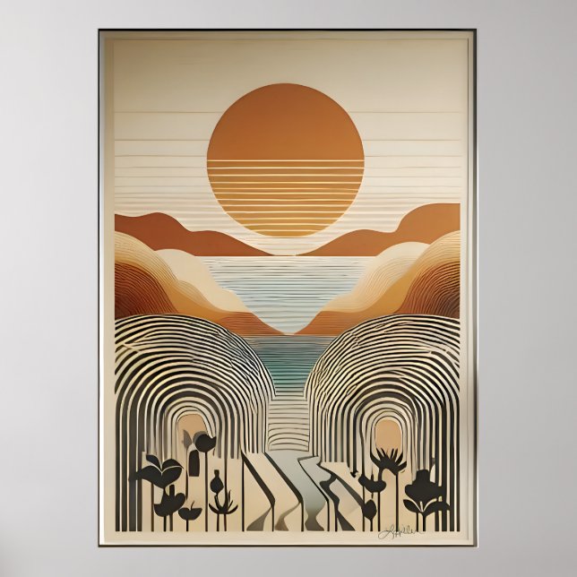 Mid Century Modern Art Spring Valley Lake Sunset Poster (Front)