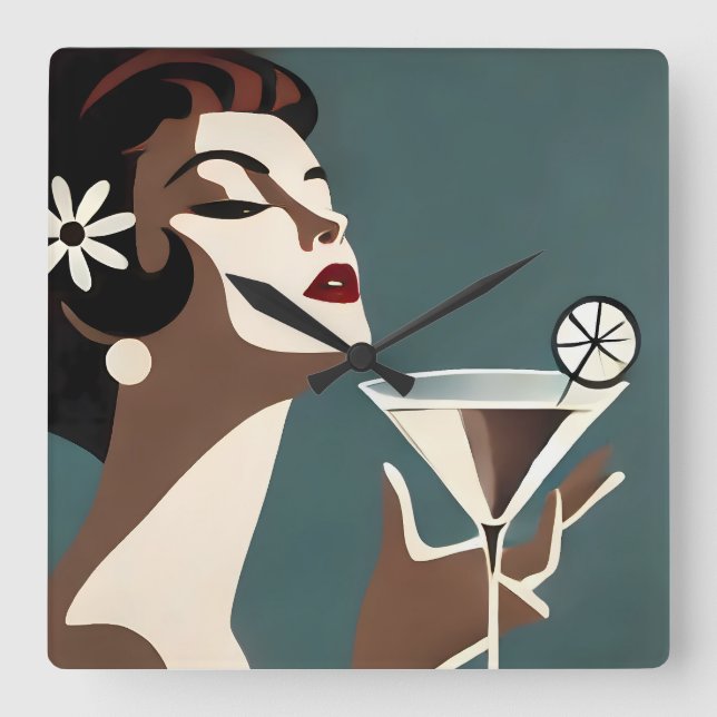 Mid Century Modern Art The Martini DIva Square Wall Clock (Front)