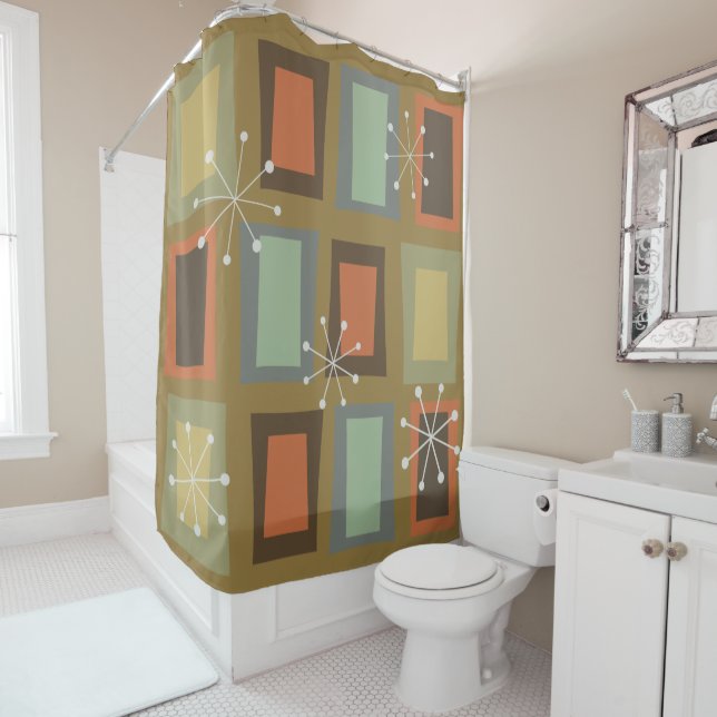 Mid Century Modern Art 'Wonky Doors' Shower Curtain (In Situ)