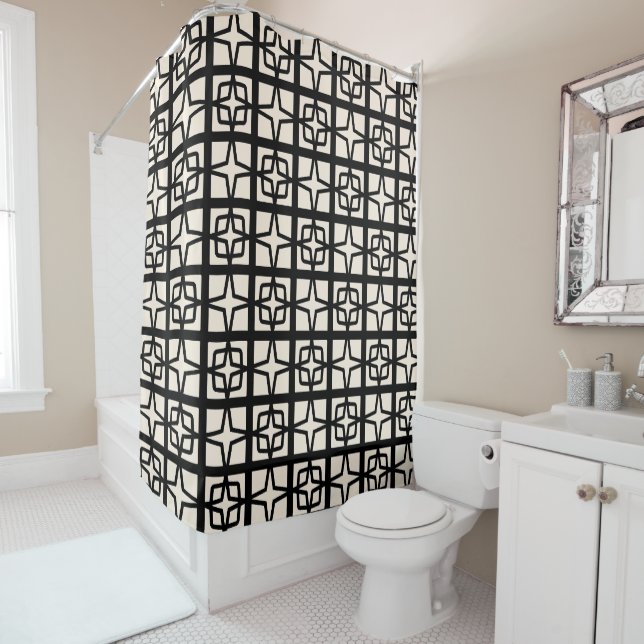 Mid Century Modern Atomic 1950s Retro Black Cream Shower Curtain (In Situ)