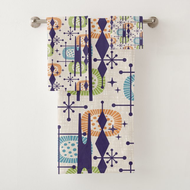 Mid Century Modern Atomic Age Abstract Pattern Bath Towel Set (Insitu)