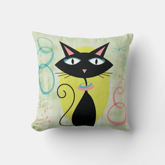Mid-Century Modern Atomic Age Black Cat Cushion (Front)