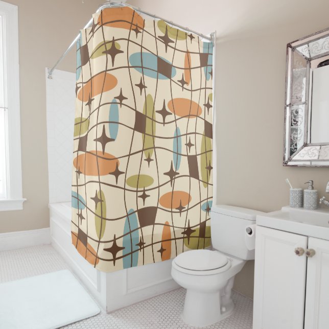 Mid Century Modern Atomic Age Cosmic Pattern Shower Curtain (In Situ)