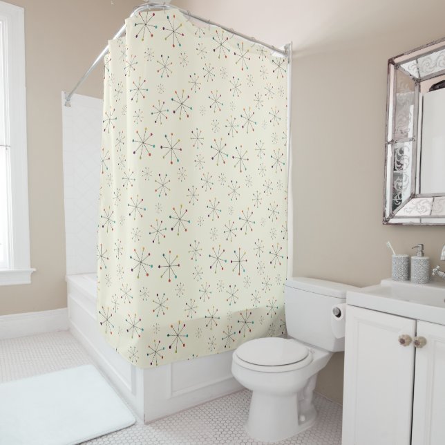 Mid-Century Modern Atomic Age Cream Pattern Shower Curtain (In Situ)