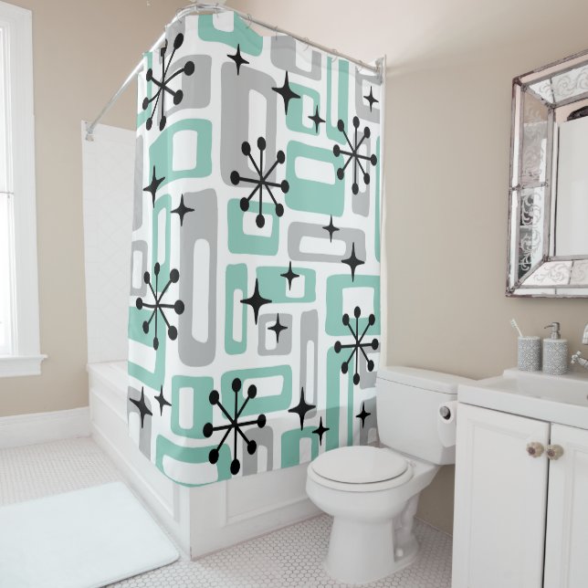 Mid Century Modern Atomic Age Pattern Shower Curtain (In Situ)