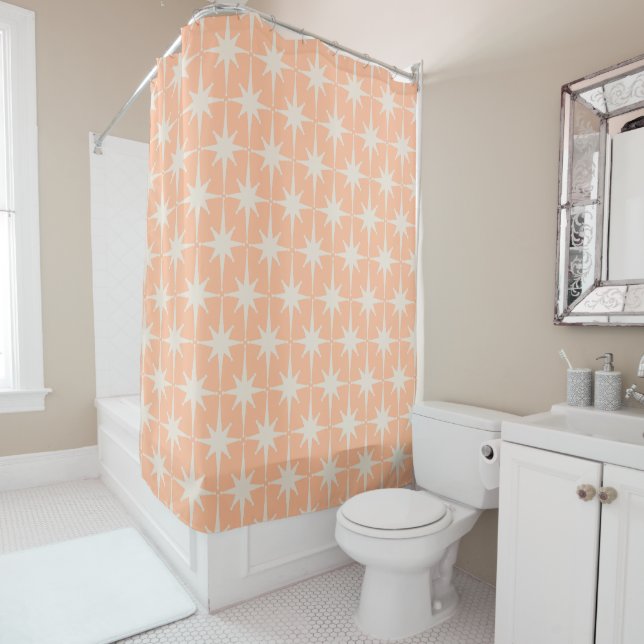 Mid Century Modern Atomic Age Peach Stars Pattern Shower Curtain (In Situ)