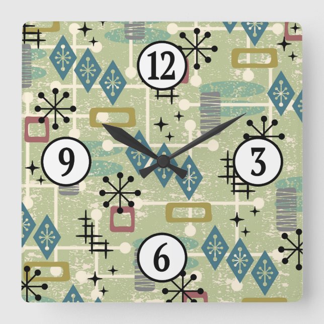 Mid Century Modern Atomic Age Starburst Pattern Square Wall Clock (Front)