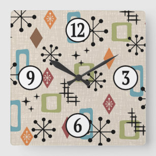 Mid Century Modern Atomic Age Starburst Pattern Square Wall Clock