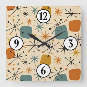 Mid Century Modern Atomic Age Starburst Pattern Square Wall Clock