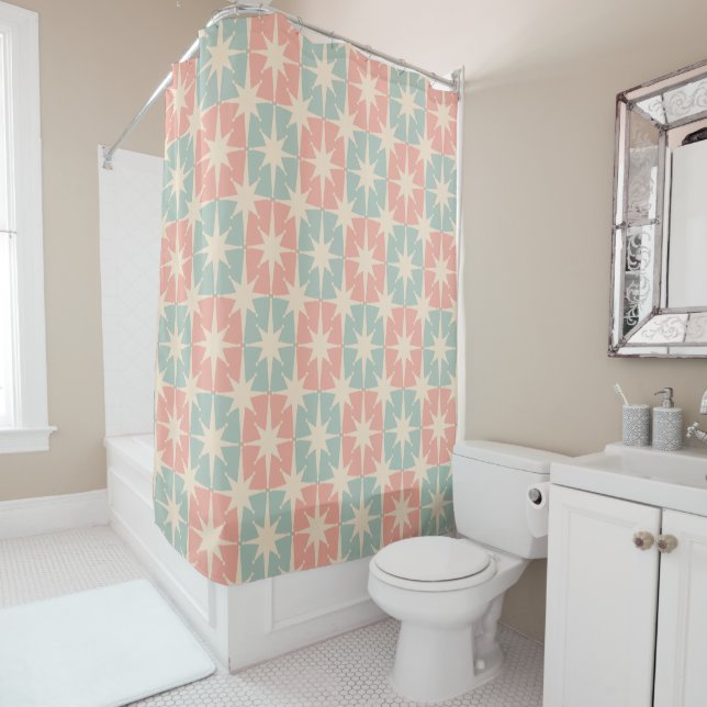 Mid Century Modern Atomic Age Starburst Stars Shower Curtain (In Situ)