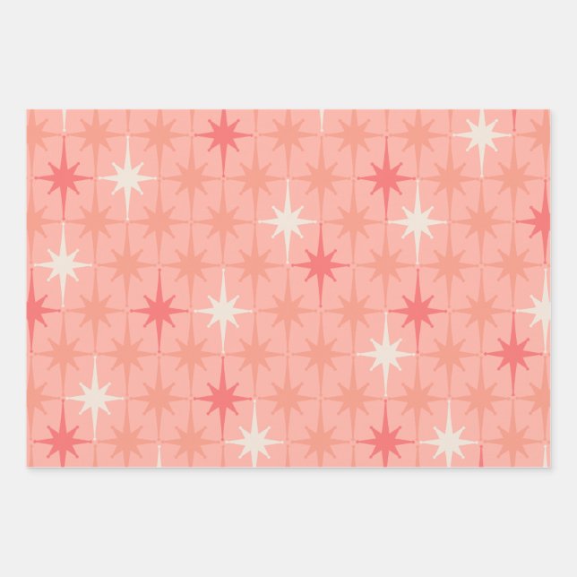 Mid Century Modern Atomic Age Stars Pink Pattern Wrapping Paper Sheet (Front)