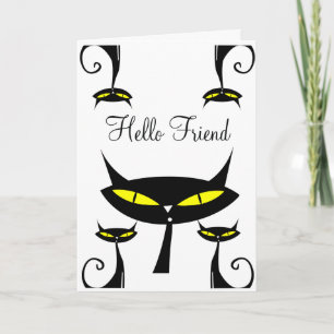 Mid Century Modern Atomic Black Cat Hello Friend Card