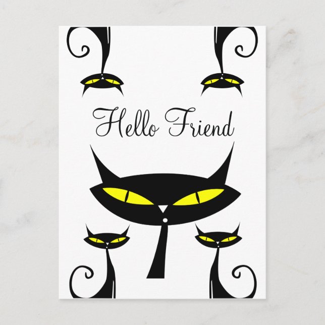 Mid Century Modern Atomic Black Cat Hello Friend Postcard (Front)