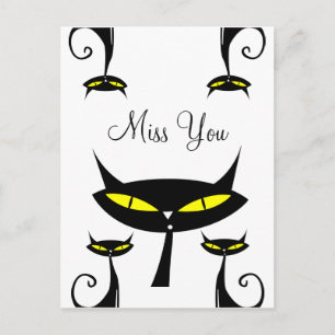 Mid Century Modern Atomic Black Cat Miss You Postcard