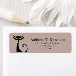 Mid Century Modern Atomic Black Cat Rose Taupe Return Address Label