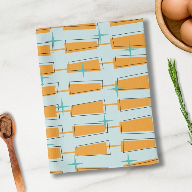Mid Century Modern Atomic Blocks Aqua, Orange Tea Towel (Creator Uploaded)