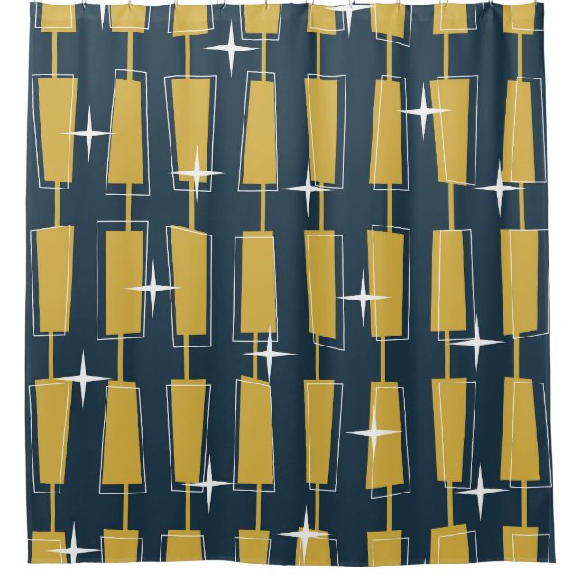 Mid Century Modern Atomic Blocks Navy, Mustard Shower Curtain (Front)