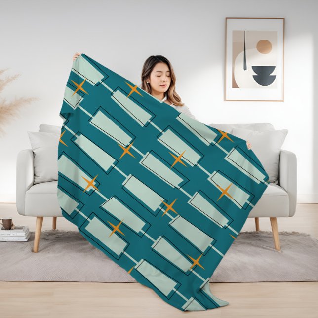 Mid Century Modern Atomic Blocks Teal, Aqua Fleece Blanket (Creator Uploaded)