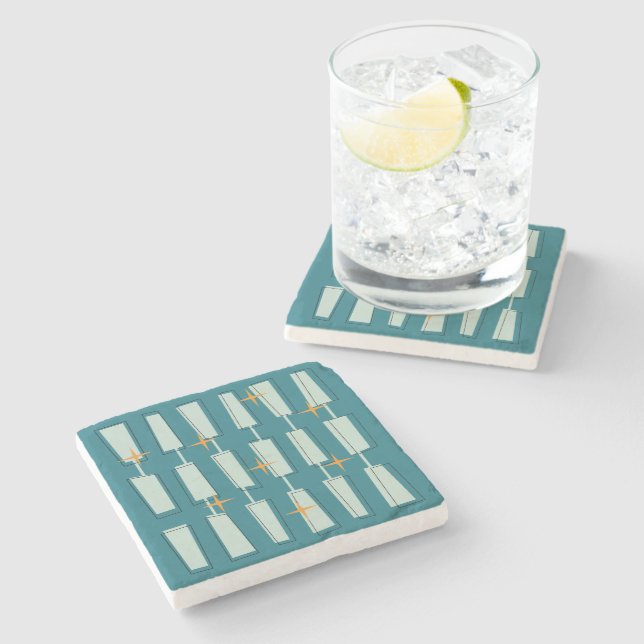 Mid Century Modern Atomic Blocks Teal, Aqua Stone Coaster (Side)