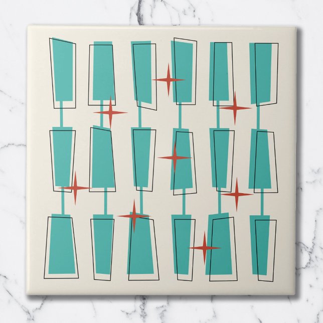 Mid Century Modern Atomic Blocks Teal, Cream, Red Ceramic Tile (Creator Uploaded)