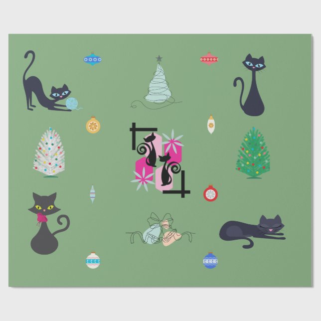 Mid Century Modern Atomic Cat Christmas Holiday  Wrapping Paper (Flat)
