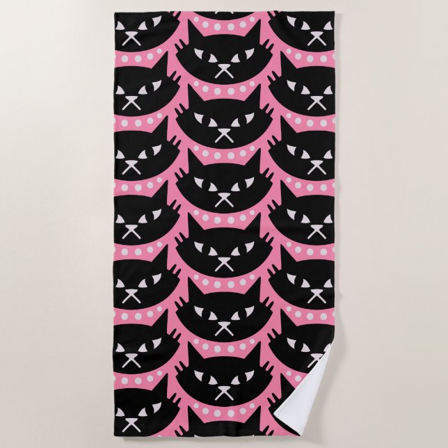 Mid Century Modern Atomic Cat Pattern Beach Towel (Front)