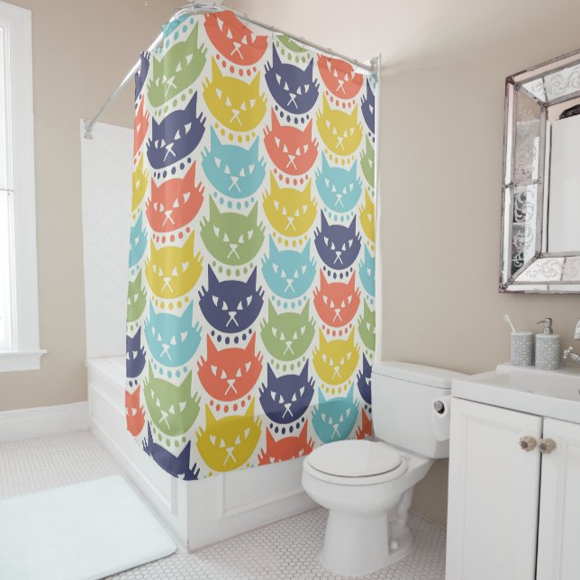 Mid Century Modern Atomic Cat Pattern Shower Curtain (In Situ)