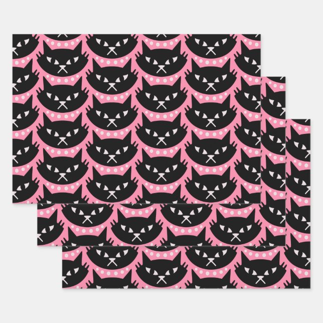 Mid Century Modern Atomic Cat Pattern Wrapping Paper Sheet (Set)