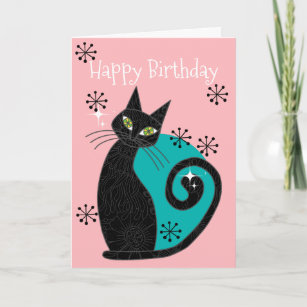 Mid Century Modern Atomic Cat Retro Happy Birthday Card