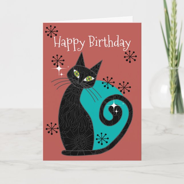 Mid Century Modern Atomic Cat Retro Happy Birthday Card (Front)