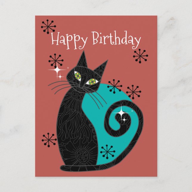 Mid Century Modern Atomic Cat Retro Happy Birthday Postcard (Front)