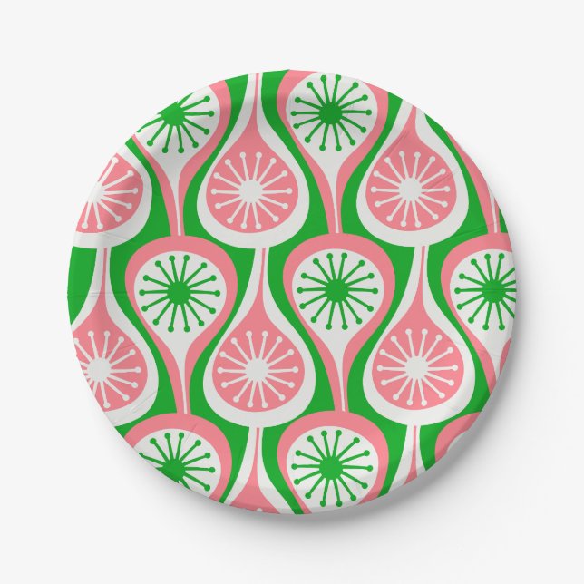 Mid Century Modern Atomic Drops Pattern Green Pink Paper Plate (Front)
