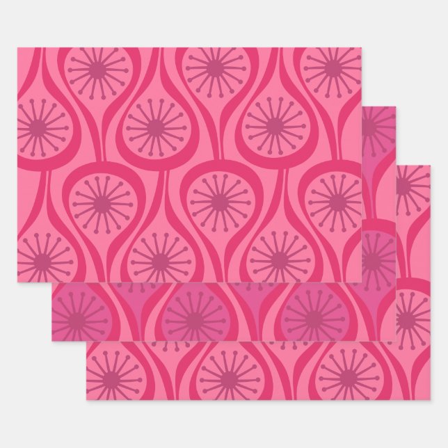 Mid Century Modern Atomic Drops Pattern Hot Pink Wrapping Paper Sheet (Set)