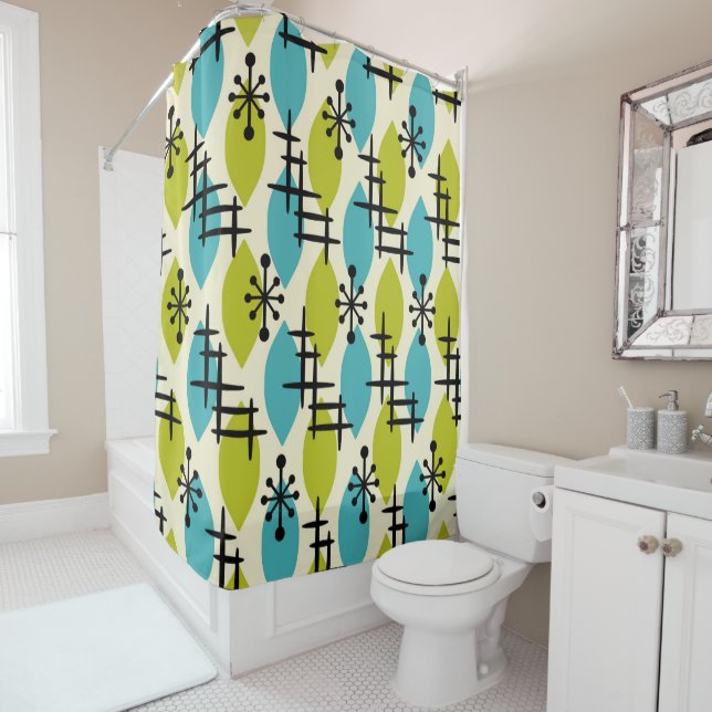 Mid Century Modern Atomic Drops Pattern Shower Curtain (In Situ)