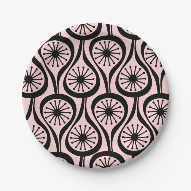 Mid Century Modern Atomic Drops Pink Black Paper Plate (Front)