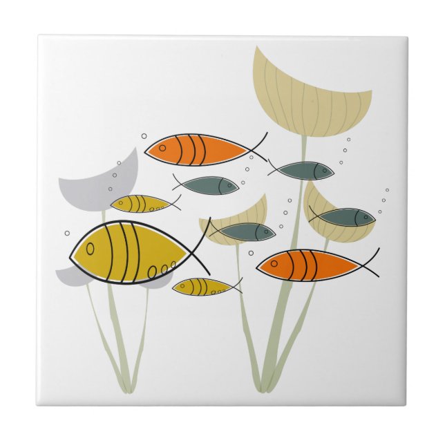 Mid Century Modern Atomic Era Fish Swimming Custom Ceramic Tile (Front)