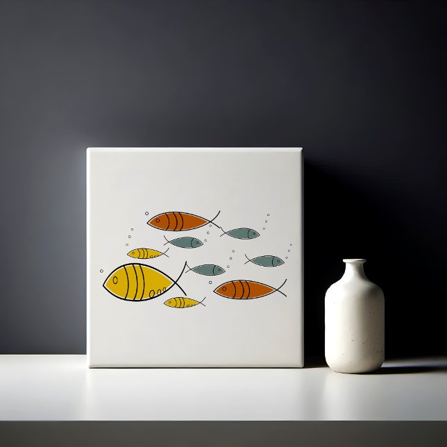 Mid Century Modern Atomic Era Fish Swimming Custom Ceramic Tile (Mid Century Modern Fish Swimming Pattern Retro Vintage Eames Atomic Era MCM)