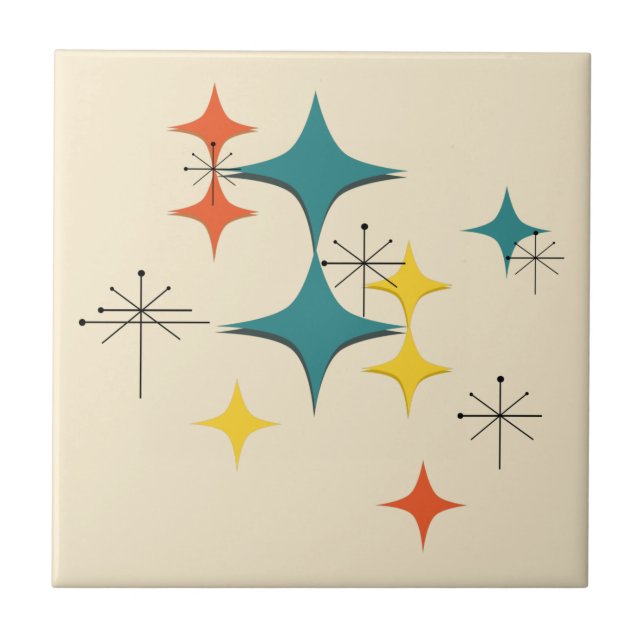 Mid Century Modern Atomic Era Starbursts Turquois Ceramic Tile (Front)
