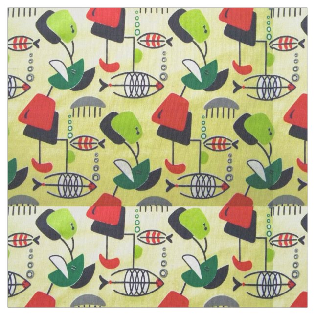 Mid Century Modern Atomic Fish Design Fabric (Swatch)