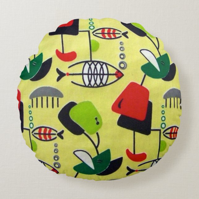 Mid Century Modern Atomic Fish Design Round Pillow (Front)