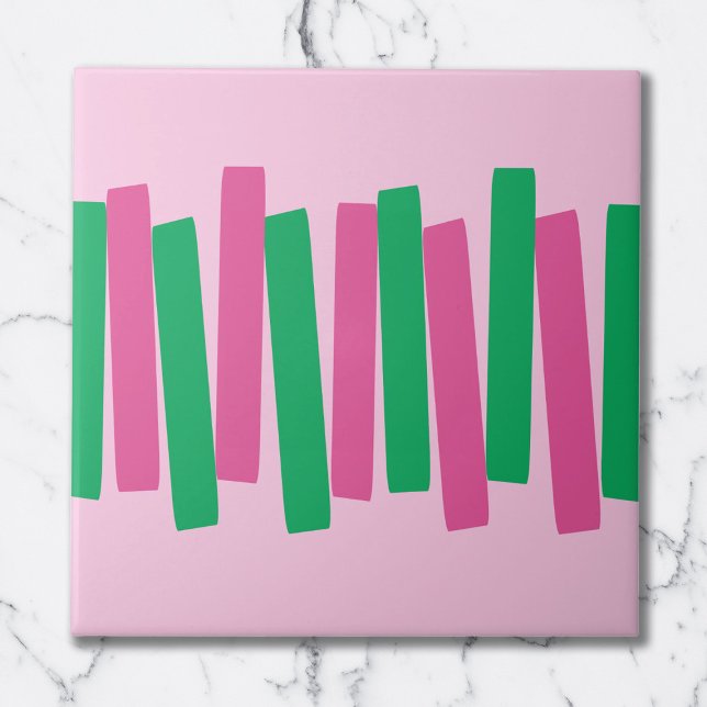 Mid Century Modern Atomic Funky Blocks Pink, Green Ceramic Tile (Creator Uploaded)